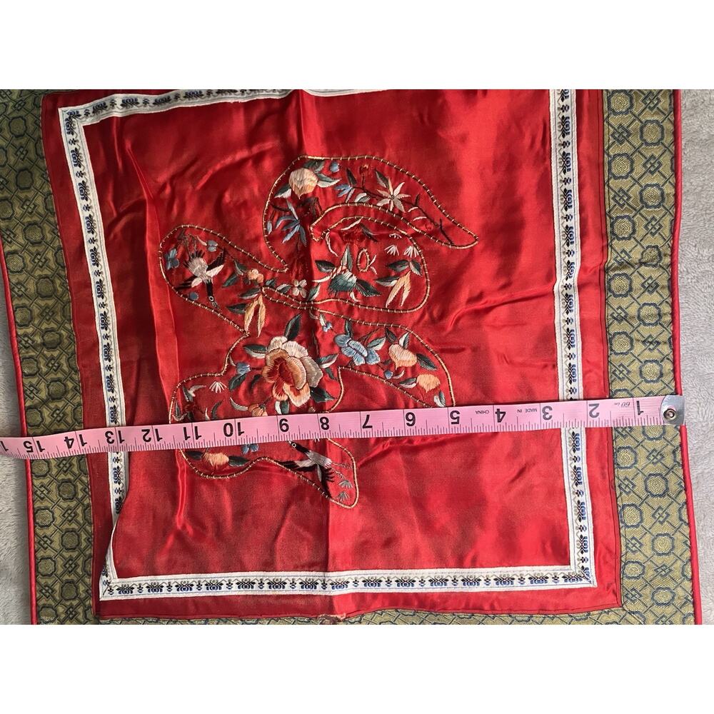 Vintage Chinese Silk Satin Embroidered Pillow Cover Red Brocade Floral 15” - Picture 3 of 7
